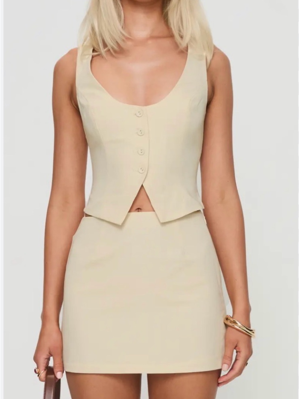 Butter Cream Button Front Crop Vest and Mini Skirt Set